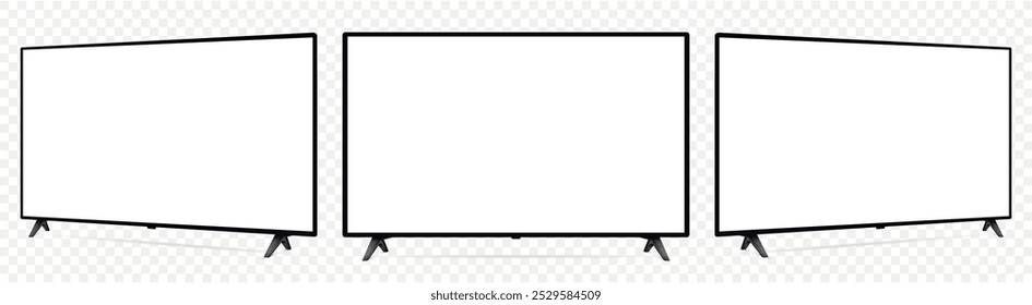 Realistic blank flat screen TV mockup from angled views on transparent background.