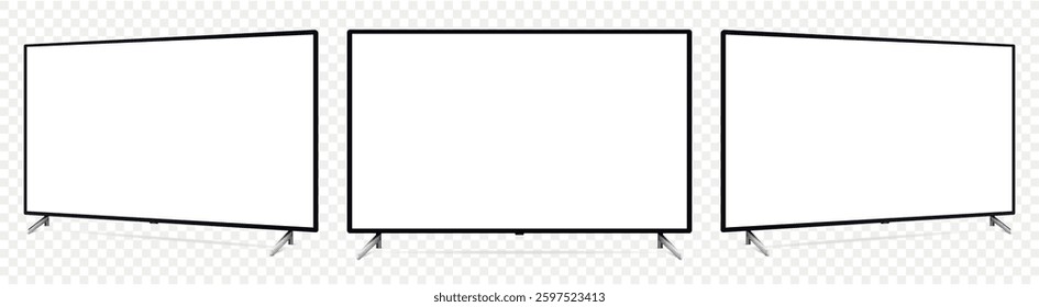 Realistic blank flat screen TV mockup from angled views on transparent background.