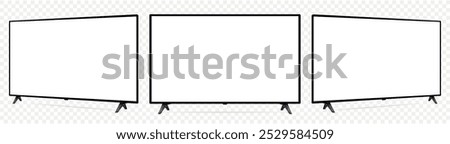 Realistic blank flat screen TV mockup from angled views on transparent background.