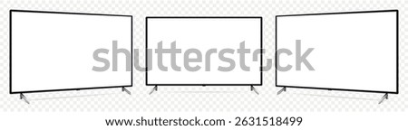 Realistic blank flat screen TV mockup from angled views on transparent background.