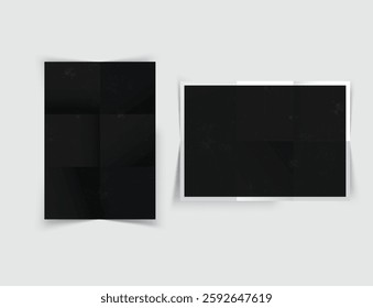 Realistic blank folded paper posters mockup with shadow isolated on background. Design wrinkled leaflet template for presentation artwork, picture, ads, banner, exhibition. Vector illustration
