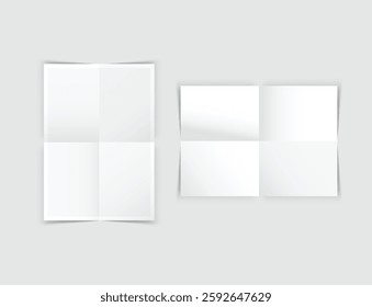 Realistic blank folded paper posters mockup with shadow isolated on background. Design wrinkled leaflet template for presentation artwork, picture, ads, banner, exhibition. Vector illustration

