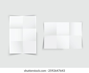 Realistic blank folded paper posters mockup with shadow isolated on background. Design wrinkled leaflet template for presentation artwork, picture, ads, banner, exhibition. Vector illustration
