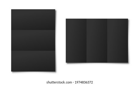 Realistic blank folded paper sheets in A4 size with shadow isolated on white background. Black notebook page. Design template, mockup. Vector illustration.