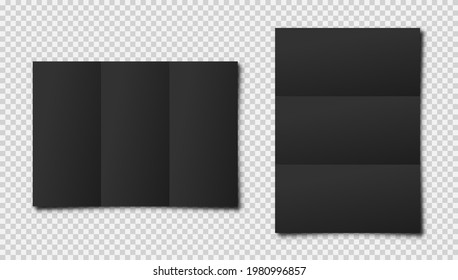 Realistic blank folded paper sheets in A4 size with shadow on checkered background. Black notebook page. Design template, mockup. Vector illustration.