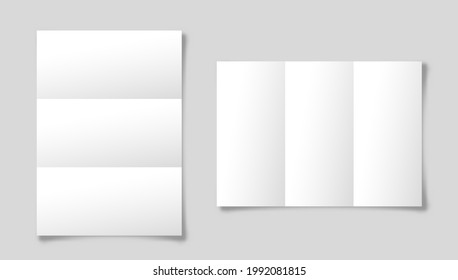 Realistische, gefaltete Papierblätter in A4-Größe mit Schatten einzeln auf grauem Hintergrund. Weißes Notizbuch. Design-Vorlage, Mock-up. Vektorgrafik.