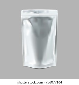 Realistic blank food packaging. Vertical sealed empty plastic foil bag. Vector mock up, template for package design. Graphic illustration isolated on grey background
