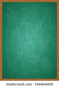 Realistic blank green chalkboard in wooden frame. Rubbed out dirty chalkboard. Background for school or restaurant design, menu. Blackboard isolated over whit background. Clipart vector illustration 