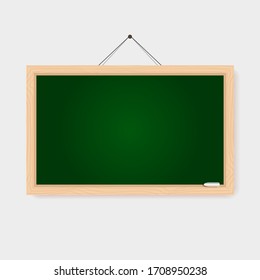 Realistic blank green chalkboard with wooden frame and chalk piece. Rubbed out clean retro blackboard, vintage school or restaurant menu background, vector illustration of educational concept