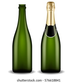 Realistic Blank Green Champagne Bottle : Vector Illustration