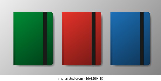 Realistic blank green, red and blue copybook template with elastic band and bookmark on gray gradient background. Notebook Vector illustration.