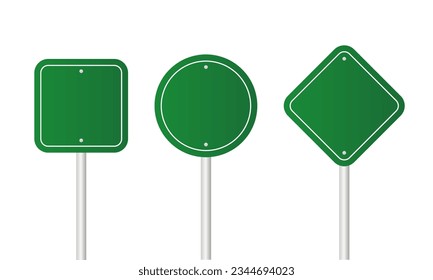 Realistic blank green street and road signs isolated vector. Set of street traffic sign, road signpost direction. Traffic green road signs set. Empty board. Direction. Vector illustration