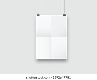 Realistic blank hanging folded paper posters mockup with shadow and black paper clip isolated on background. Design wrinkled leaflet template for presentation artwork, picture, ads, banner. Vector

