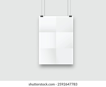 Realistic blank hanging folded paper posters mockup with shadow and black paper clip isolated on background. Design wrinkled leaflet template for presentation artwork, picture, ads, banner. Vector
