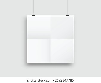 Realistic blank hanging folded paper posters mockup with shadow and black paper clip isolated on background. Design wrinkled leaflet template for presentation artwork, picture, ads, banner. Vector
