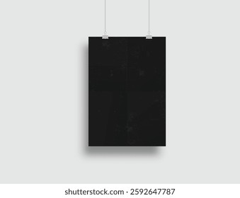 Realistic blank hanging folded paper posters mockup with shadow and black paper clip isolated on background. Design wrinkled leaflet template for presentation artwork, picture, ads, banner. Vector
