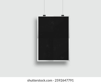 Realistic blank hanging folded paper posters mockup with shadow and black paper clip isolated on background. Design wrinkled leaflet template for presentation artwork, picture, ads, banner. Vector
