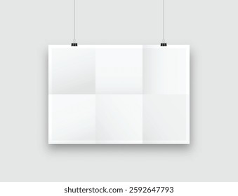 Realistic blank hanging folded paper posters mockup with shadow and black paper clip isolated on background. Design wrinkled leaflet template for presentation artwork, picture, ads, banner. Vector
