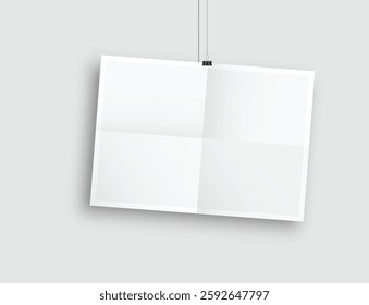 Realistic blank hanging folded paper posters mockup with shadow and black paper clip isolated on background. Design wrinkled leaflet template for presentation artwork, picture, ads, banner. Vector
