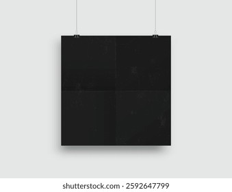 Realistic blank hanging folded paper posters mockup with shadow and black paper clip isolated on background. Design wrinkled leaflet template for presentation artwork, picture, ads, banner. Vector
