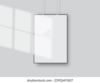 Realistic blank hanging paper posters mockup with shadow on wall isolated on background. Design poster template for presentation artwork, picture, advertising, banner, exhibition. Vector illustration
