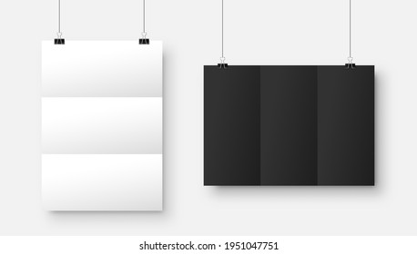 Realistic blank hanging paper sheets in A4 size with shadow isolated on gray background. Black and white folded notebook page. Design poster, template or mockup. Vector illustration.