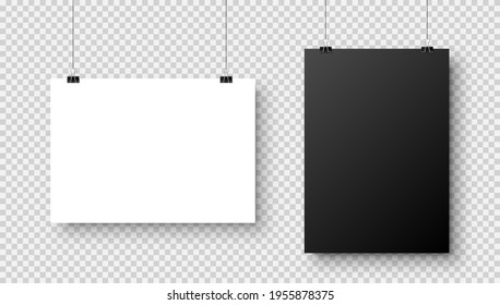Realistic blank hanging paper sheets in A4 size with shadow on checkered background. Black and white notebook page. Design poster, template or mockup. Vector illustration.