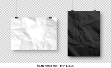 Realistic blank hanging paper sheets in A4 size with shadow on checkered background. Black and white crumpled notebook page. Design poster, template or mockup. Vector illustration.