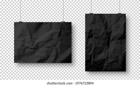Realistic blank hanging paper sheets in A4 size with shadow on checkered background. Black crumpled notebook page. Design poster, template or mockup. Vector illustration.