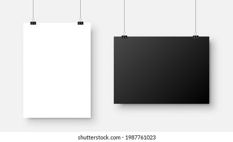 Realistic blank hanging paper sheets in A4 size with shadow isolated on gray background. Black and white notebook page. Design poster, template or mockup. Vector illustration.