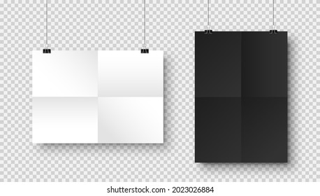 Realistic blank hanging paper sheets in A4 size with shadow on checkered background. Black and white folded notebook page. Design poster, template or mockup. Vector illustration.