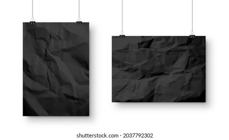 Hojas de papel colgantes en blanco en tamaño A4 con sombra aislada en fondo blanco. Página de cuaderno de negro en ruinas. Cartel de diseño, plantilla o simulación. Ilustración vectorial.