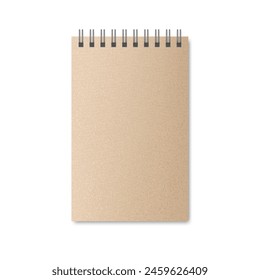 Realistic blank kraft paper texture notebook а6 with spiral, template stationery notebook office.