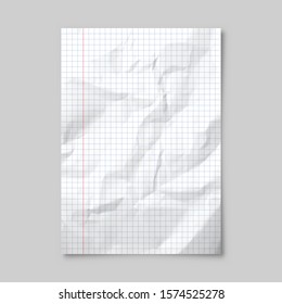 Realistic blank lined crumpled paper sheet with shadow in A4 format isolated on gray background. Notebook or book page. Design template or mockup. Vector illustration.