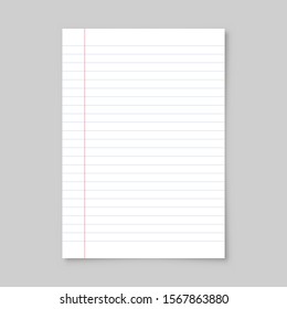 Realistic Blank Lined Paper Sheet With Shadow In A4 Format Isolated On Gray Background. Notebook Or Book Page. Design Template Or Mockup. Vector Illustration.