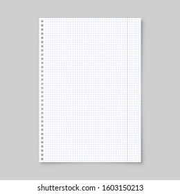 Realistic blank lined paper sheet with shadow in A4 format isolated on gray background. Notebook or book page. Design template or mockup. Vector illustration.
