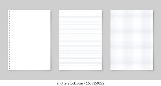 Realistic blank lined paper sheet with shadow in A4 format isolated on gray background. Notebook or book page. Design template or mockup. Vector illustration.