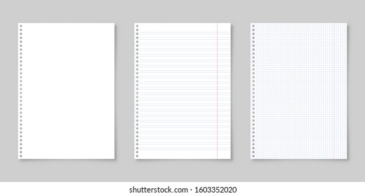 Realistic blank lined paper sheet with shadow in A4 format isolated on gray background. Notebook or book page. Design template or mockup. Vector illustration.