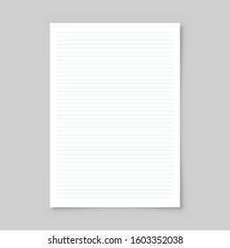 Realistic blank lined paper sheet with shadow in A4 format isolated on gray background. Notebook or book page. Design template or mockup. Vector illustration.