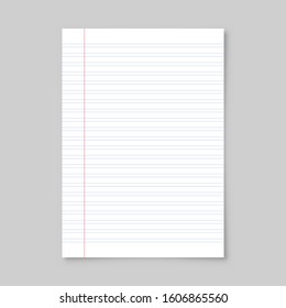 Realistic blank lined paper sheet with shadow in A4 format isolated on gray background. Notebook or book page. Design template or mockup. Vector illustration.