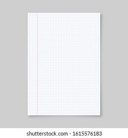 Realistic blank lined paper sheet with shadow in A4 format isolated on gray background. Notebook or book page. Design template or mockup. Vector illustration.