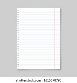 Realistic blank lined paper sheet with shadow in A4 format isolated on gray background. Notebook or book page. Design template or mockup. Vector illustration.