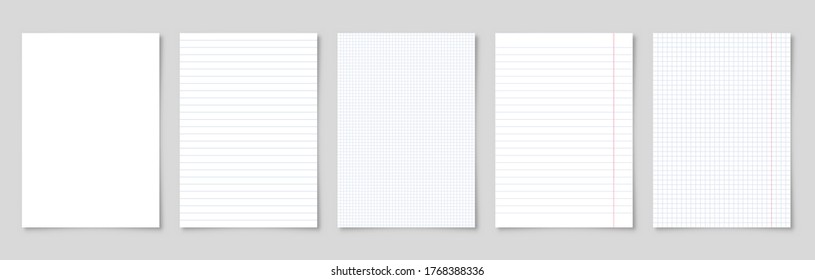 Realistic blank lined paper sheet with shadow in A4 format. Notebook or book page. Design template or mockup. Vector illustration.