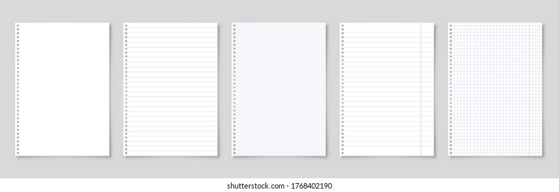 Realistic blank lined paper sheet with shadow in A4 format. Notebook or book page. Design template or mockup. Vector illustration.