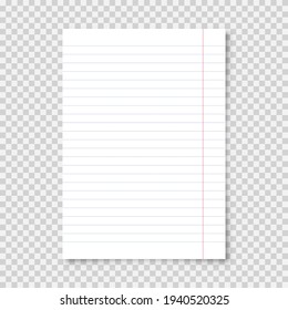 Realistic blank lined paper sheet in A4 format on transparent background. Notebook page, document. Design template or mockup. Vector illustration.