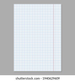 Realistic blank lined paper sheet in A4 format. Grid paper. Squared background with color graph. Geometric pattern for school, wallpaper, textures, notebook. Lined blank on transparent background.