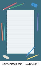 Realistic blank lined paper sheet with shadow with pencils, markers and pen around it on blue background. Lined page ripped from notebook. Education school design template. Vector illustration.