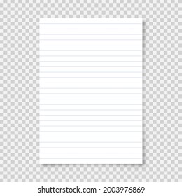 Realistic blank lined paper sheet in A4 format on transparent background. Notebook page, document. Design template or mockup. Vector illustration.