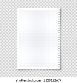 Realistic blank lined paper sheet in A4 format on transparent background. Notebook page, document. Design template or mockup. Vector illustration.
