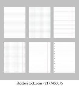 Realistic blank lined paper sheet in A4 format. Grid paper. Vector set on a gray background. Template, an element for design.